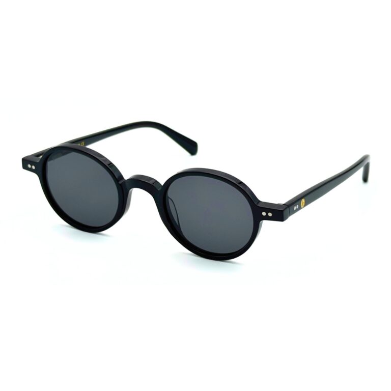 Lunettes de soleil rondes JOW and BRO DJ9143 en acétate noir brillant avec verres gris fumés de catégorie 3.