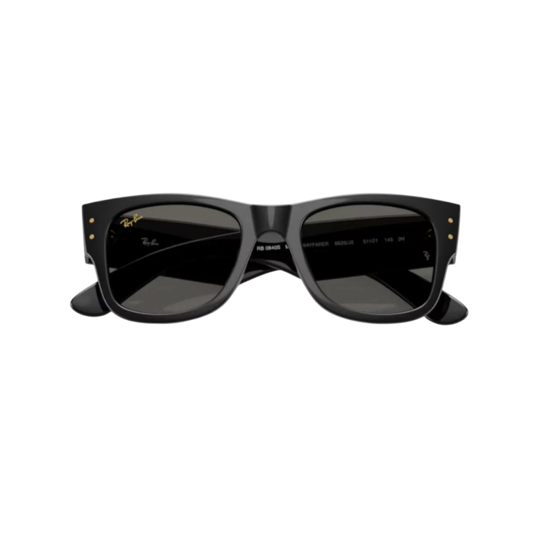 Lunettes Ray-Ban Mega Wayfarer ASAP Rocky pliées montrant les charnières à 7 charnons dorés.