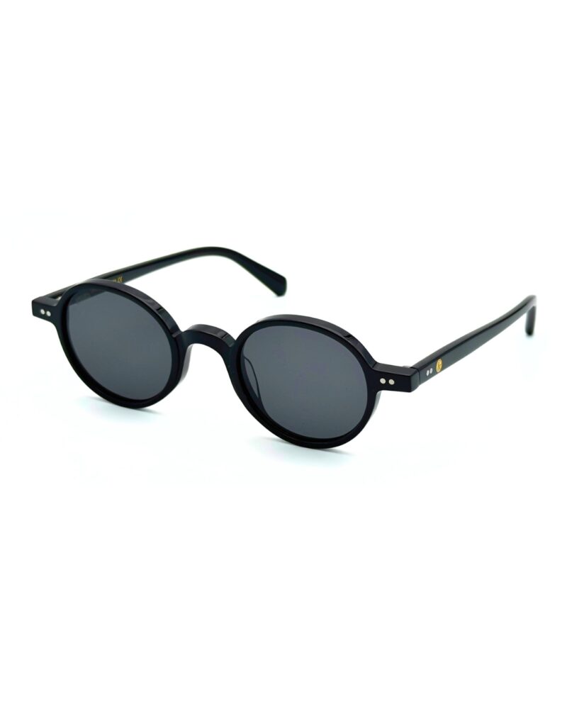 Lunettes de soleil rondes JOW and BRO DJ9143 en acétate noir brillant avec verres gris fumés de catégorie 3.