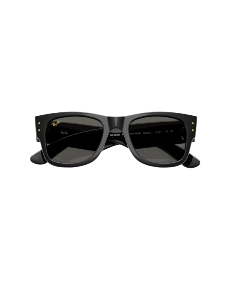 Lunettes Ray-Ban Mega Wayfarer ASAP Rocky pliées montrant les charnières à 7 charnons dorés.