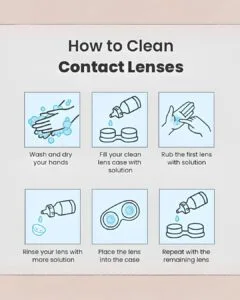 Infographie explicative sur la façon de nettoyer les lentilles Bella Glow Navy Gray.