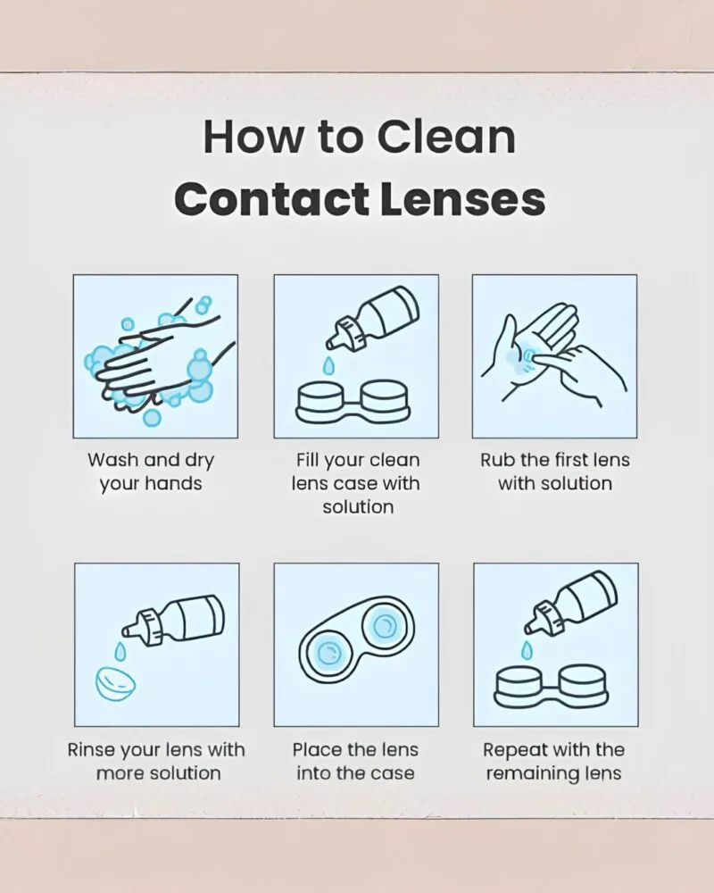 Infographie explicative sur la façon de nettoyer les lentilles Bella Glow Navy Gray.