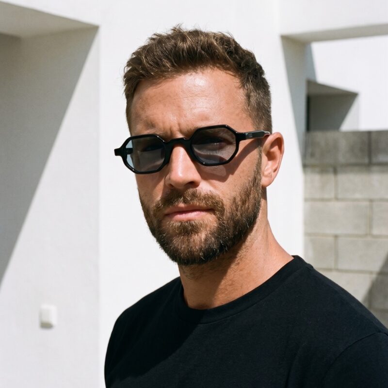 Modèle portant les lunettes de soleil octogonales JOCA ICONA en acétate noir
