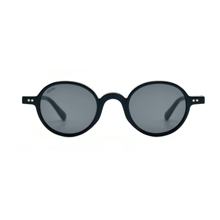Lunettes de soleil rondes JOW and BRO DJ9143 en acétate noir brillant avec verres gris fumés de catégorie 3.