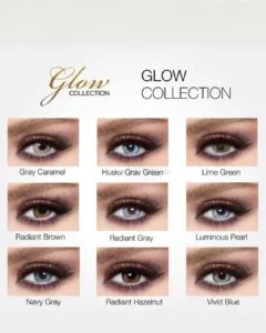 Nuancier officiel des teintes de lentilles Bella Glow dont Husky Gray Green, Radiant Gray et Luminous Pearl.