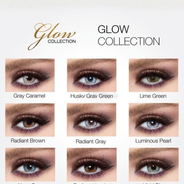 Nuancier officiel des teintes de lentilles Bella Glow dont Husky Gray Green, Radiant Gray et Luminous Pearl.