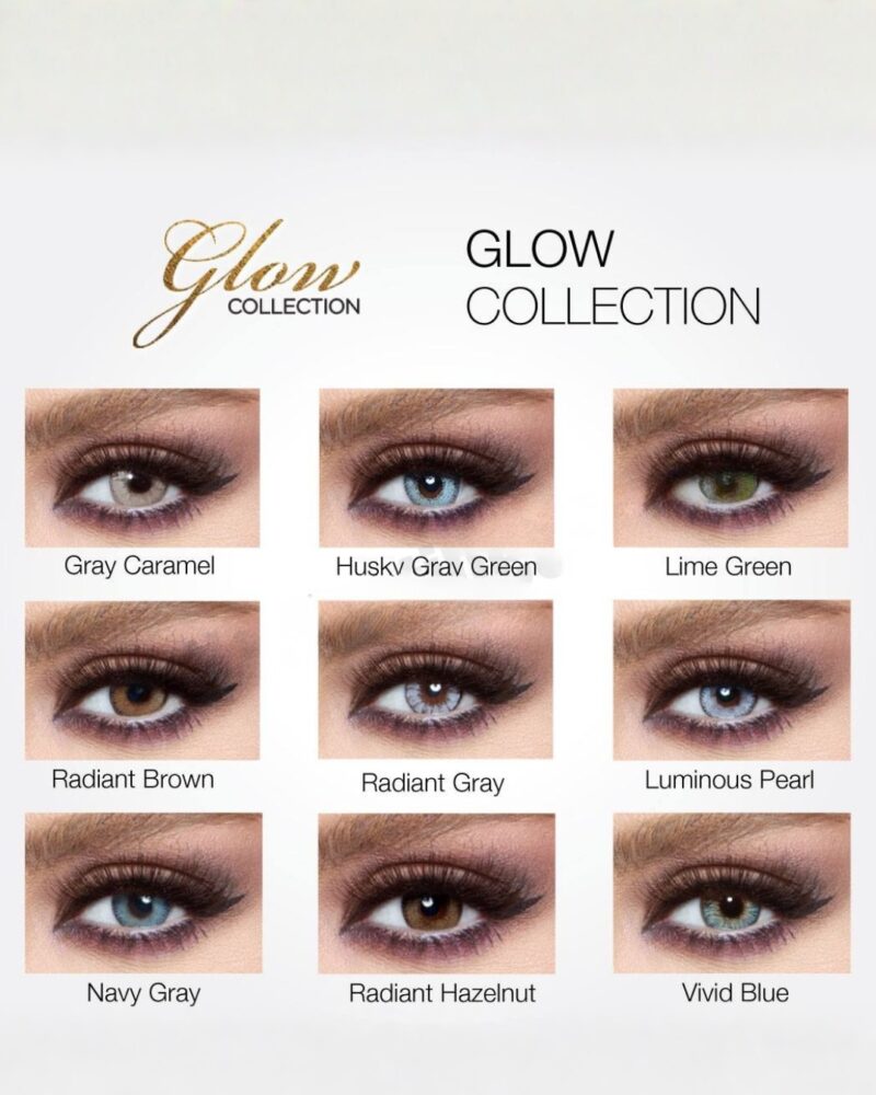 Nuancier officiel des teintes de lentilles Bella Glow dont Husky Gray Green, Radiant Gray et Luminous Pearl.