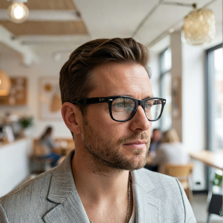 Homme élégant en veste de costume portant les lunettes de vue Ray-Ban Wayfarer Ease RB4340V noires dans un café premium à La Marsa, Tunis.