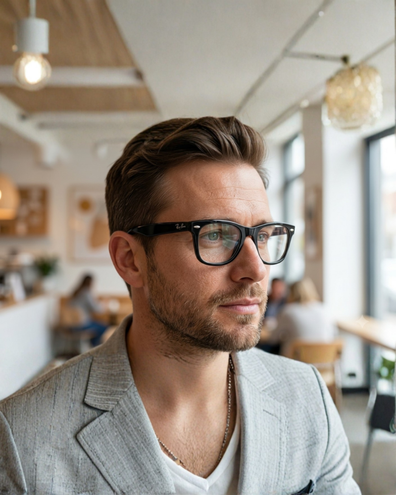 Homme élégant en veste de costume portant les lunettes de vue Ray-Ban Wayfarer Ease RB4340V noires dans un café premium à La Marsa, Tunis.