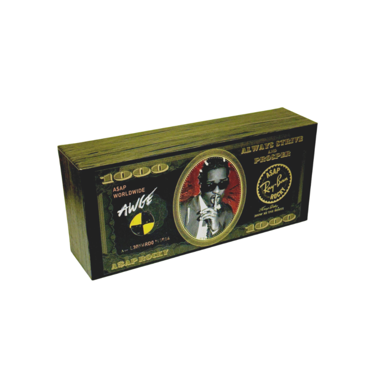 Packaging exclusif AWGE en forme de liasse de billets de mille dollars pour Ray-Ban ASAP Rocky.