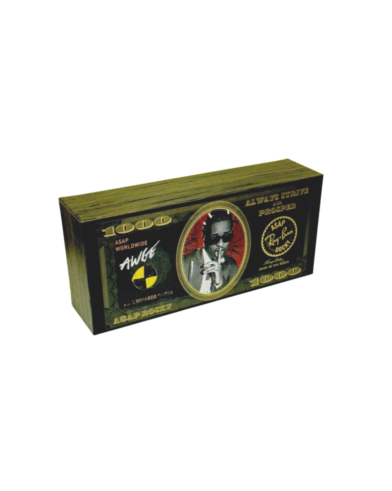 Packaging exclusif AWGE en forme de liasse de billets de mille dollars pour Ray-Ban ASAP Rocky.