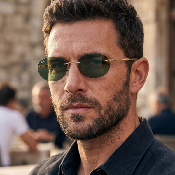 Homme élégant portant les lunettes de soleil percées Ray-Ban RB3767 or et vert