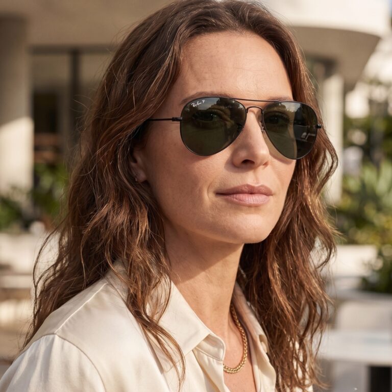 Ray-Ban Aviator RB3025 Noir Polarisé Porté par Une Femme Femme élégante portant les lunettes de soleil Ray-Ban Aviator RB3025 monture noire et verres polarisés.