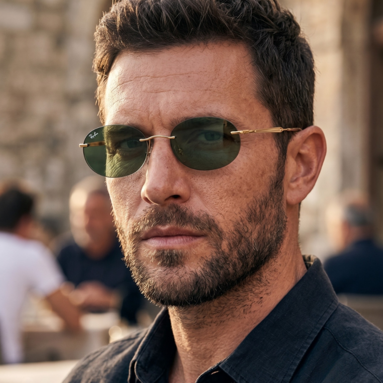 Homme élégant portant les lunettes de soleil percées Ray-Ban RB3767 or et vert