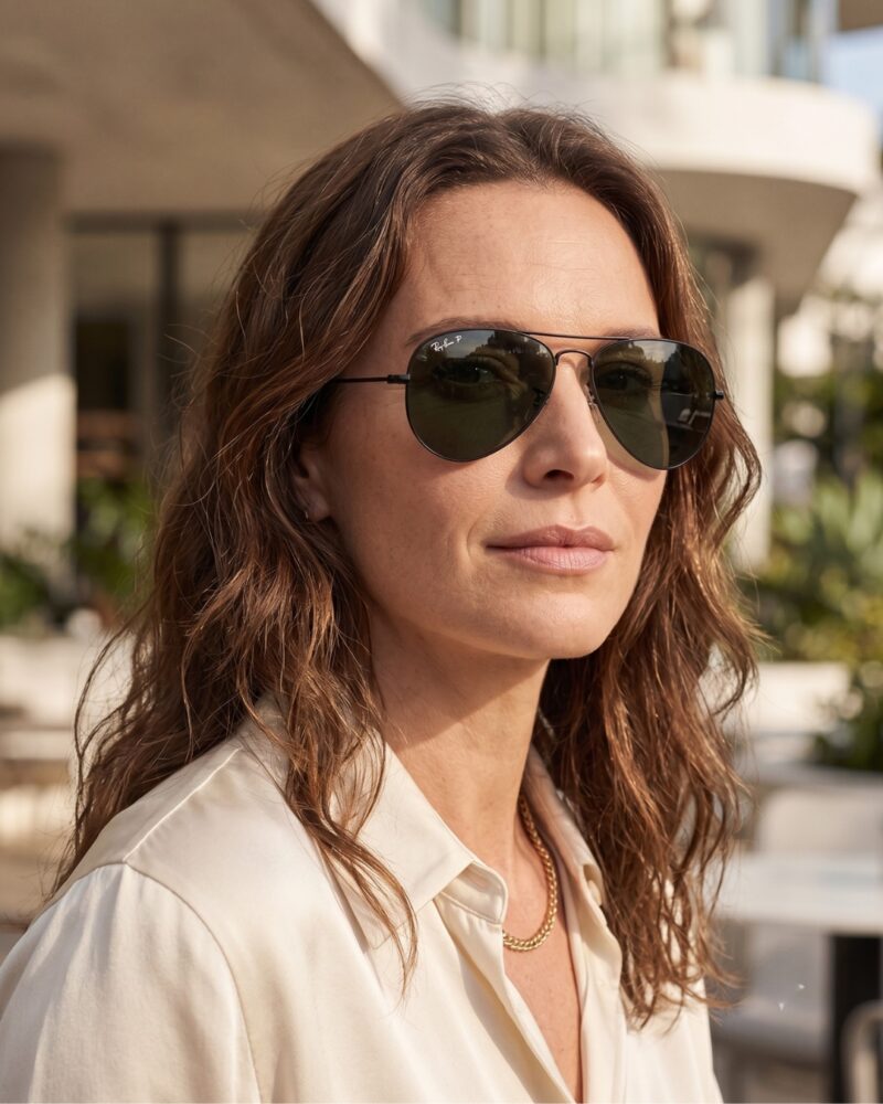 Femme élégante portant les lunettes de soleil Ray-Ban Aviator RB3025 monture noire et verres polarisés.
