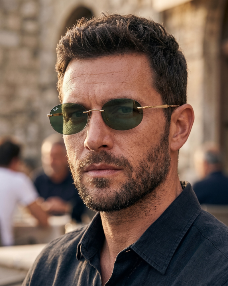 Homme élégant portant les lunettes de soleil percées Ray-Ban RB3767 or et vert