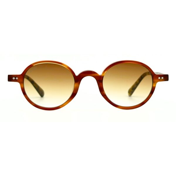 Lunettes de soleil rondes JOW and BRO DJ9143 en acétate écaille de tortue miel ambrée avec branches marbrées et verres dégradés bruns.