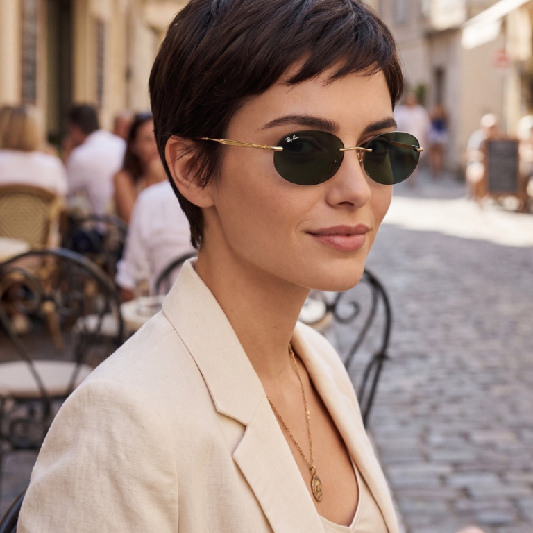 Femme moderne en veste blanche avec lunettes de soleil ovales Ray-Ban RB3767 or
