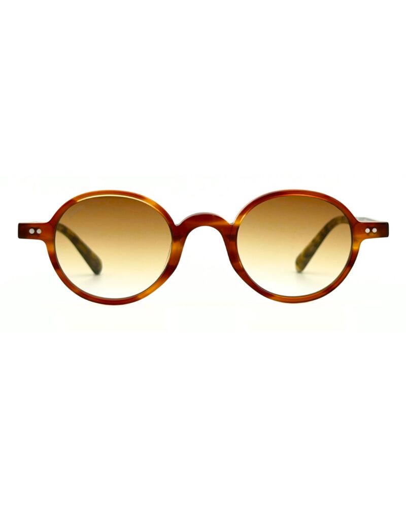 Lunettes de soleil rondes JOW and BRO DJ9143 en acétate écaille de tortue miel ambrée avec branches marbrées et verres dégradés bruns.