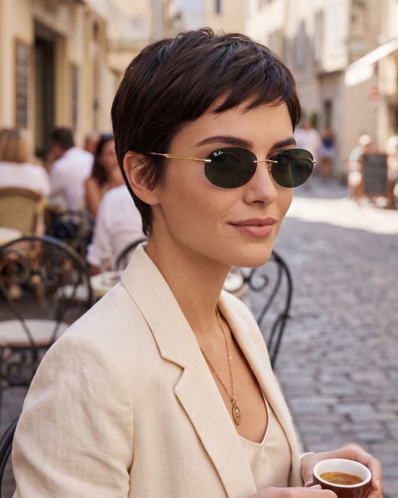 Femme moderne en veste blanche avec lunettes de soleil ovales Ray-Ban RB3767 or