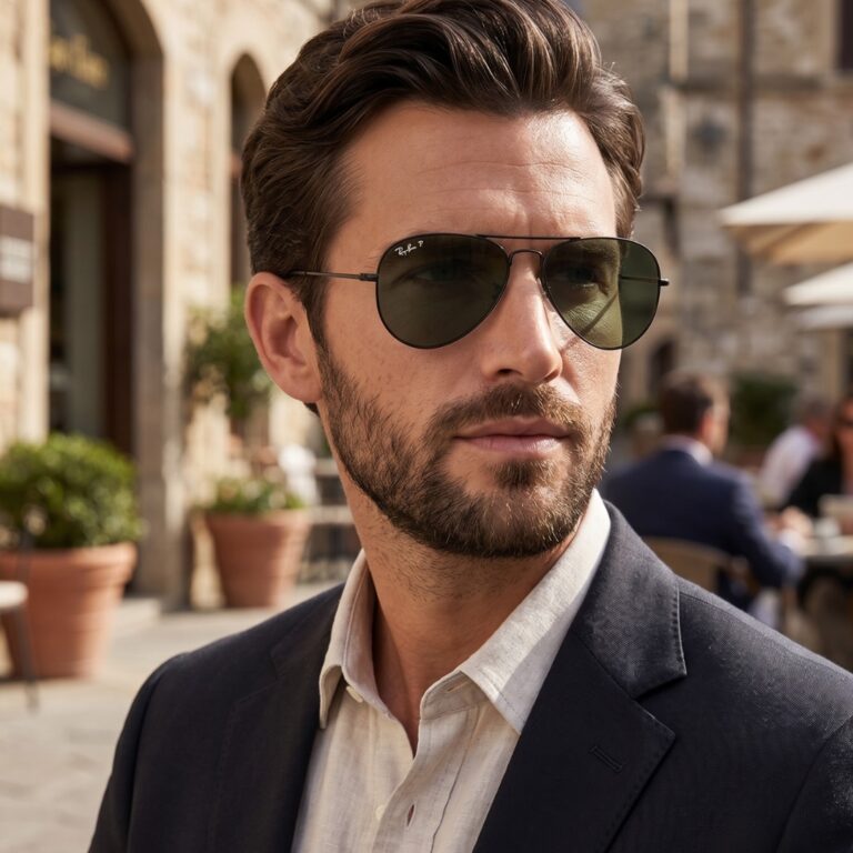 Ray-Ban Aviator RB3025 Noir Polarisé Porté par Un Homme Homme en costume portant la montre et les lunettes de soleil Ray-Ban Aviator RB3025 polarisées en extérieur.