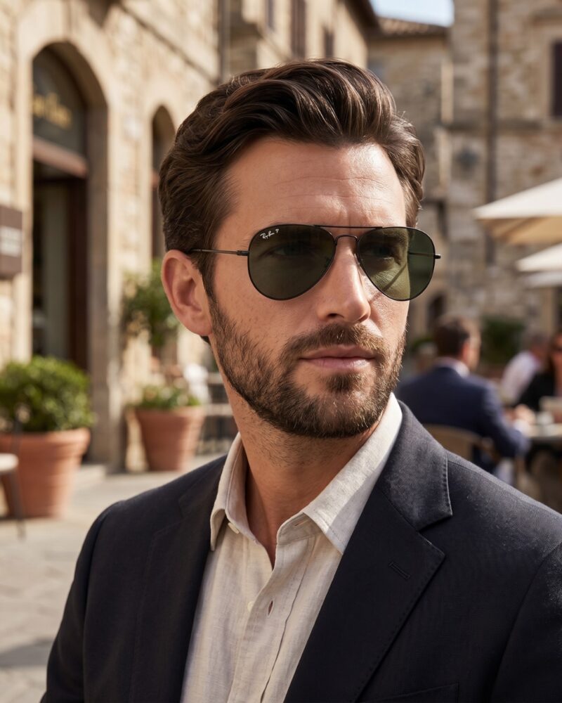 Homme en costume portant la montre et les lunettes de soleil Ray-Ban Aviator RB3025 polarisées en extérieur.