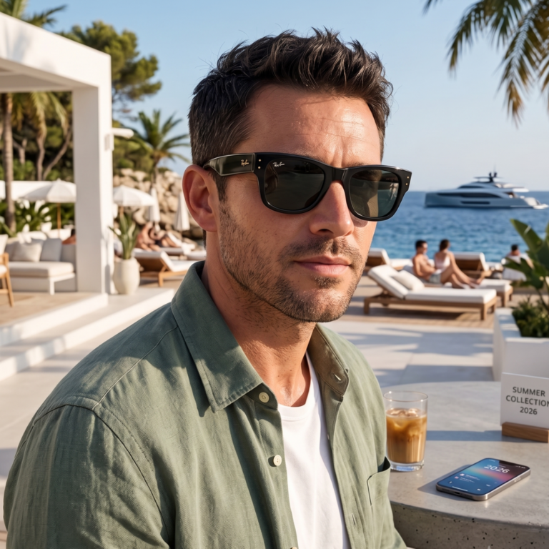 Homme portant la montre et les lunettes Ray-Ban Mega Wayfarer à la terrasse d'un café de luxe.
