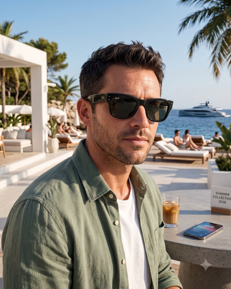 Homme portant la montre et les lunettes Ray-Ban Mega Wayfarer à la terrasse d'un café de luxe.