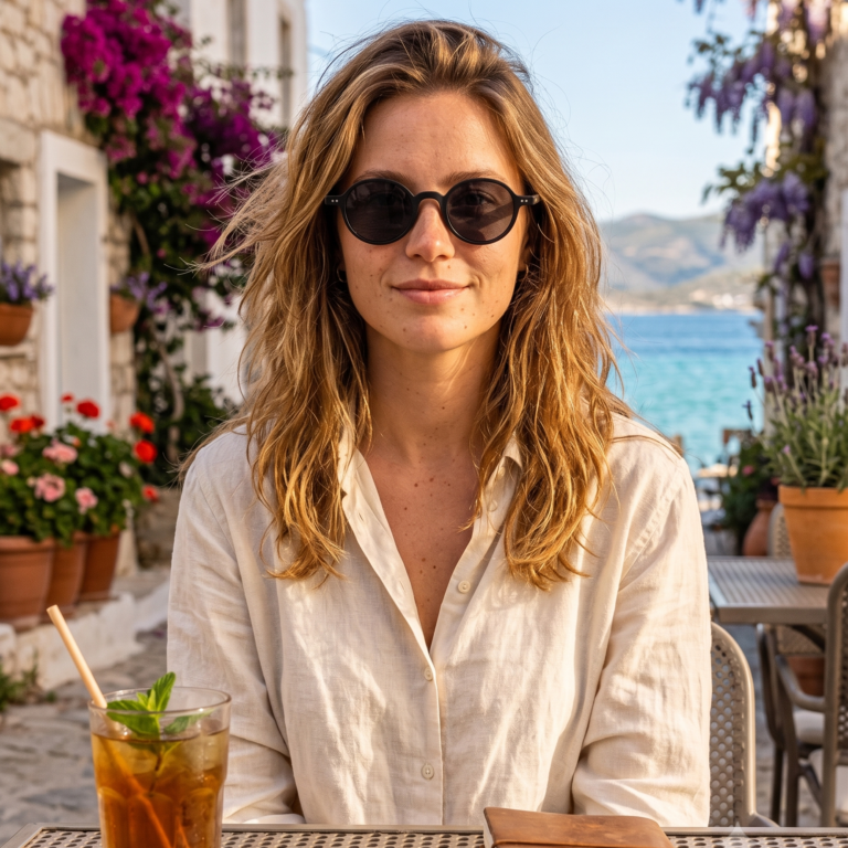 Jeune femme blonde élégante portant les lunettes de soleil rondes JOW and BRO DJ9143 noires à la terrasse d'un café en bord de mer.