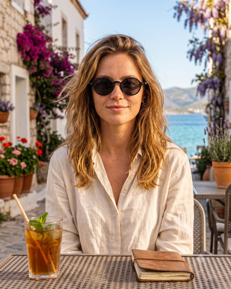 Jeune femme blonde élégante portant les lunettes de soleil rondes JOW and BRO DJ9143 noires à la terrasse d'un café en bord de mer.