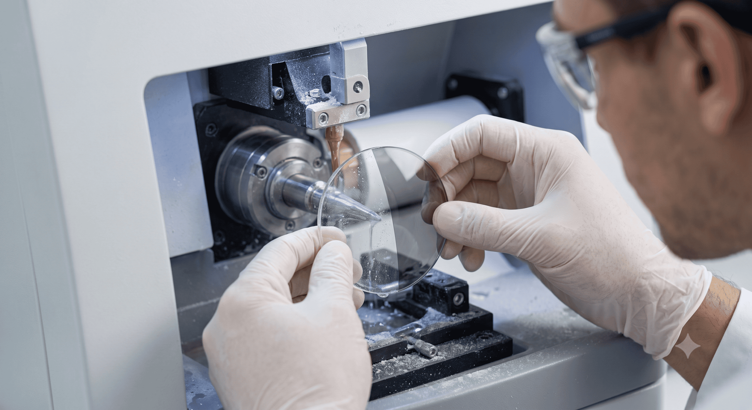 Gros plan sur une machine de montage optique de précision chez AZZABI OPTIC, façonnant un verre Transitions.