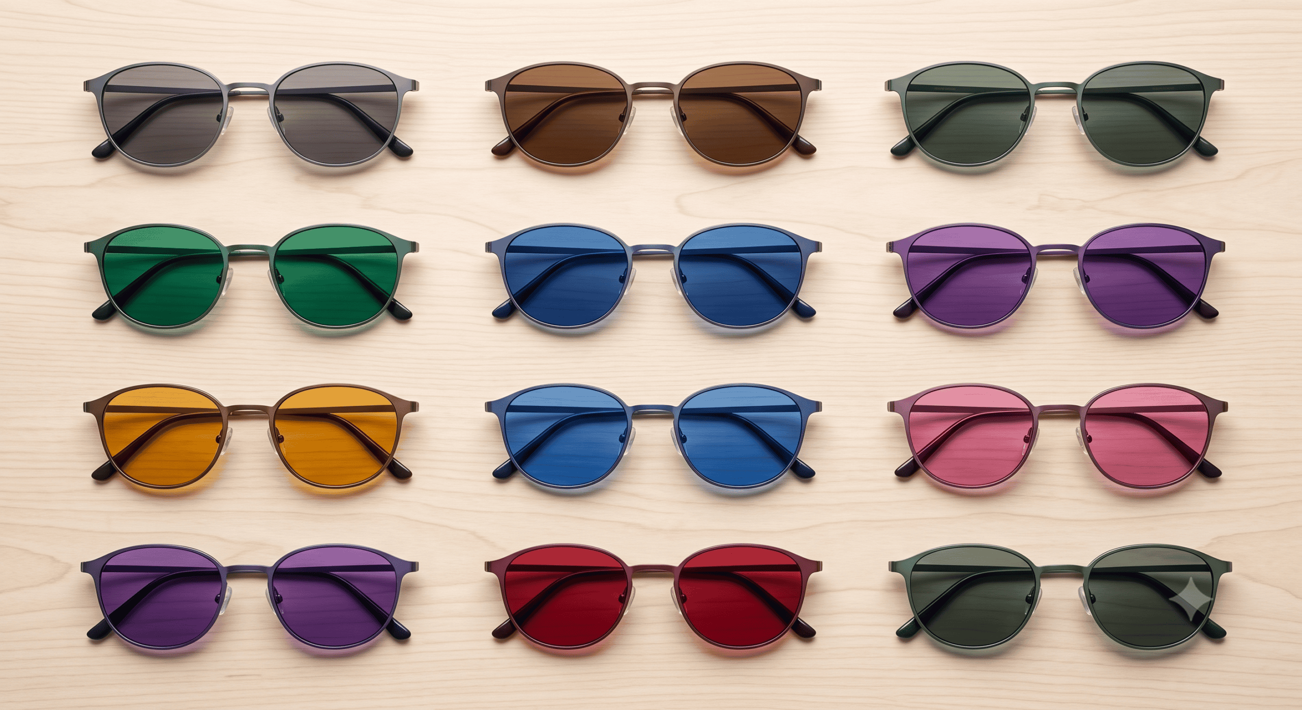Vue de dessus de 12 montures optiques identiques, chacune avec un verre Transitions d'une couleur différente (Gris, Brun, Saphir, Améthyste, etc.).