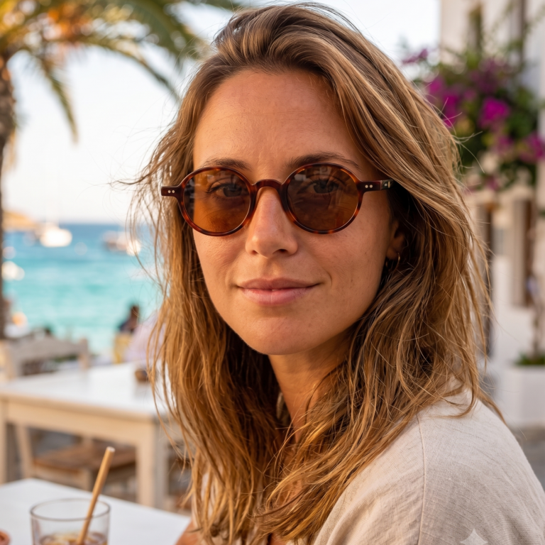 Jeune femme blonde élégante portant les lunettes de soleil rondes JOW and BRO DJ9143 noires à la terrasse d'un café en bord de mer.