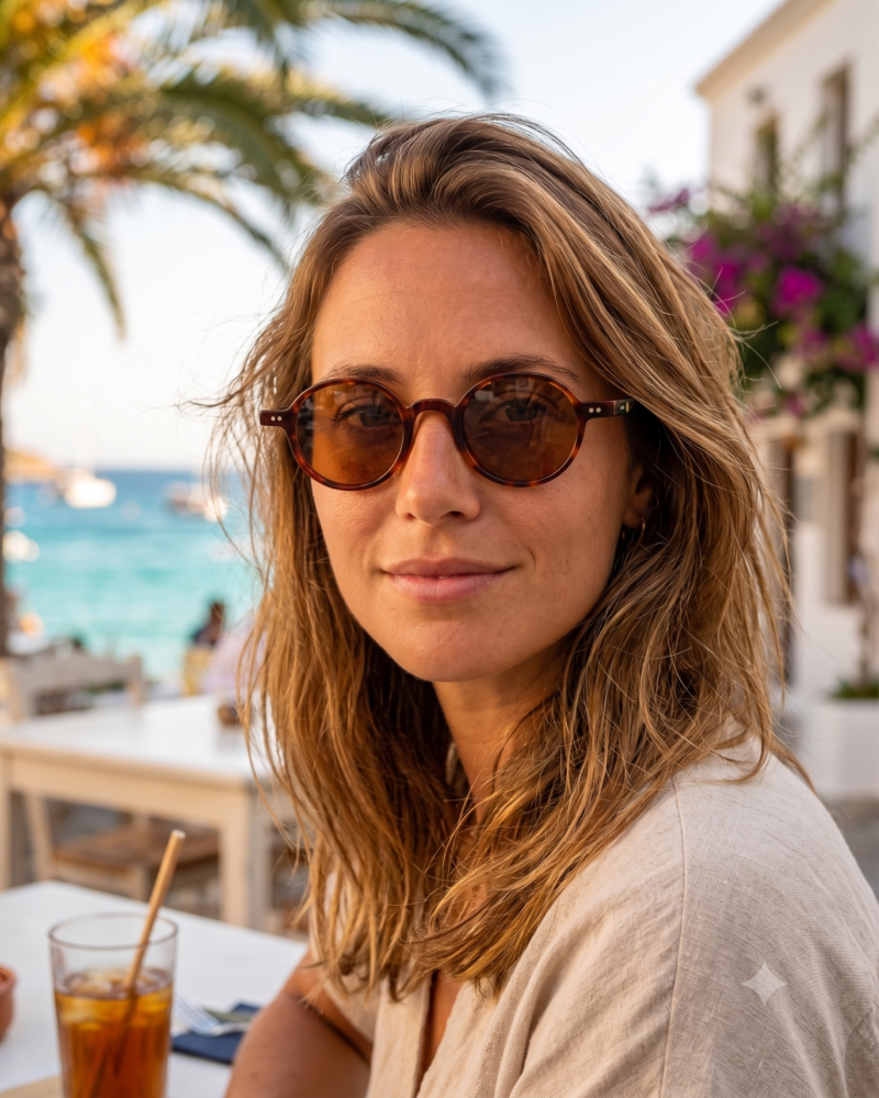 Jeune femme blonde élégante portant les lunettes de soleil rondes JOW and BRO DJ9143 noires à la terrasse d'un café en bord de mer.