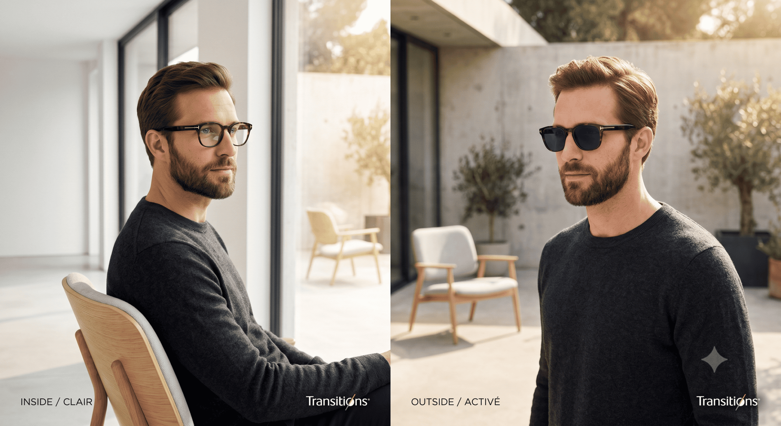 Photo comparative avant-après des verres photochromiques Transitions chez Azzabi Optic : transparents en intérieur (gauche) et teintés Bleu Saphir en extérieur (droite) sur une monture homme de luxe.