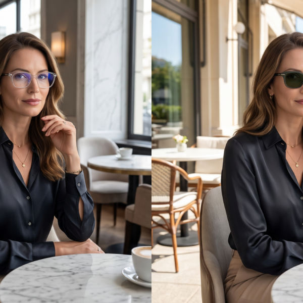 Comparatif avant/après des verres photochromiques Transitions par Azzabi Optic, passant du clair au Graphite Green sur une femme élégante en terrasse de café.