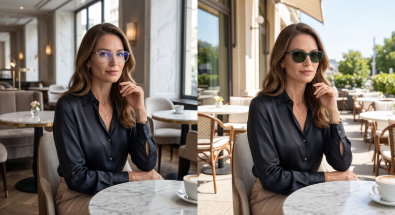 Comparatif avant/après des verres photochromiques Transitions par Azzabi Optic, passant du clair au Graphite Green sur une femme élégante en terrasse de café.