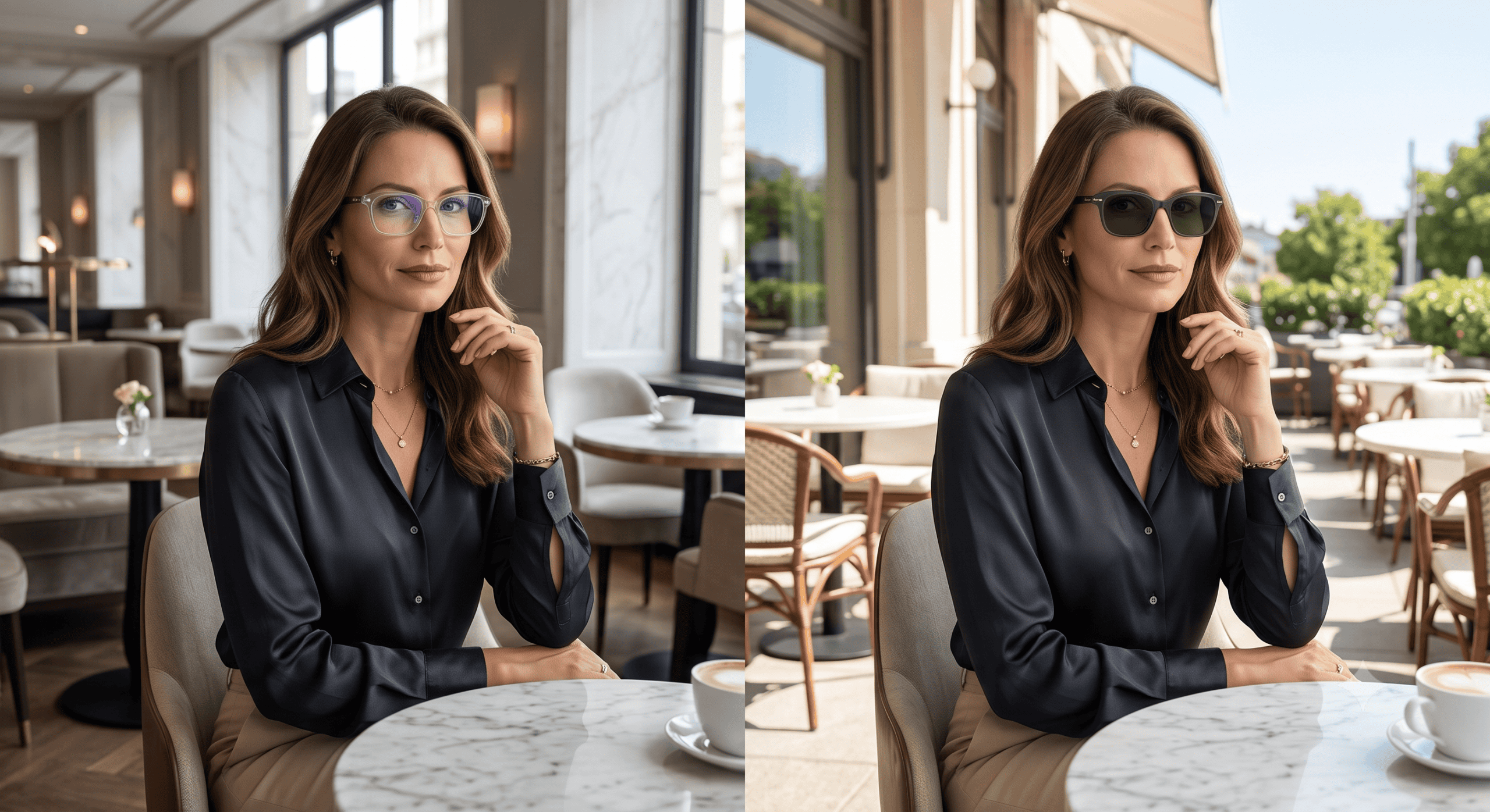 Comparatif avant/après des verres photochromiques Transitions par Azzabi Optic, passant du clair au Graphite Green sur une femme élégante en terrasse de café.