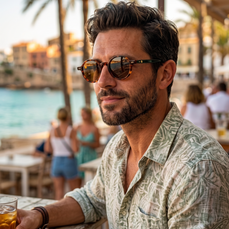 HOMME élégant portant les lunettes de soleil rondes JOW and BRO DJ9143 noires à la terrasse d'un café en bord de mer.