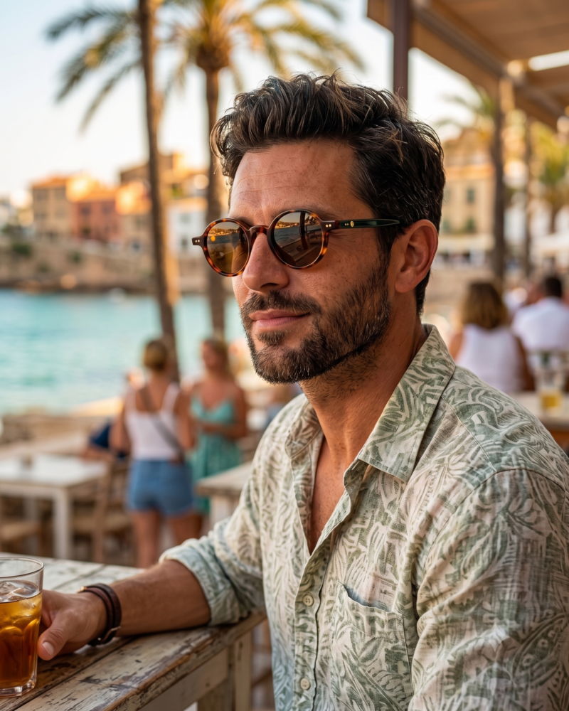HOMME élégant portant les lunettes de soleil rondes JOW and BRO DJ9143 noires à la terrasse d'un café en bord de mer.