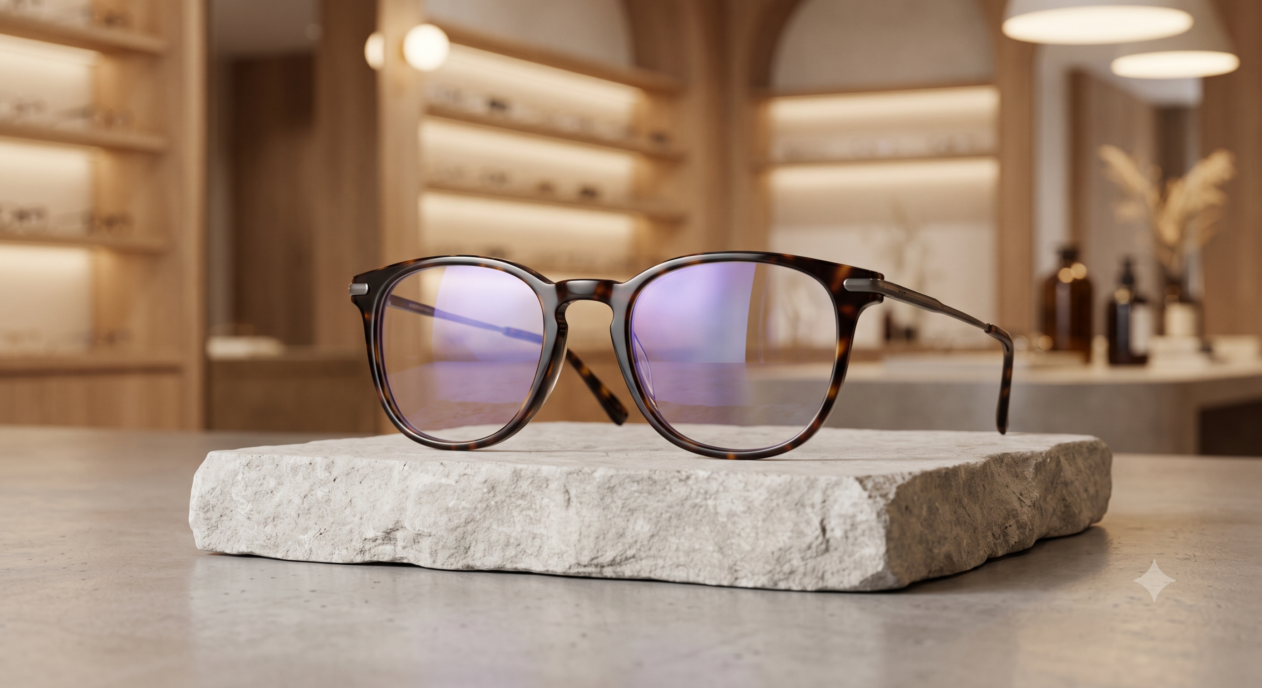 Gros plan sur les reflets protecteurs de lunettes de vue anti-lumière bleue haut de gamme chez Azzabi Optic