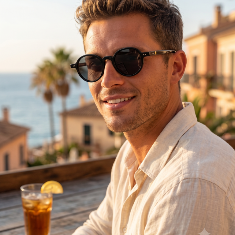 Jeune HOMME blonde élégante portant les lunettes de soleil rondes JOW and BRO DJ9143 noires à la terrasse d'un café en bord de mer.