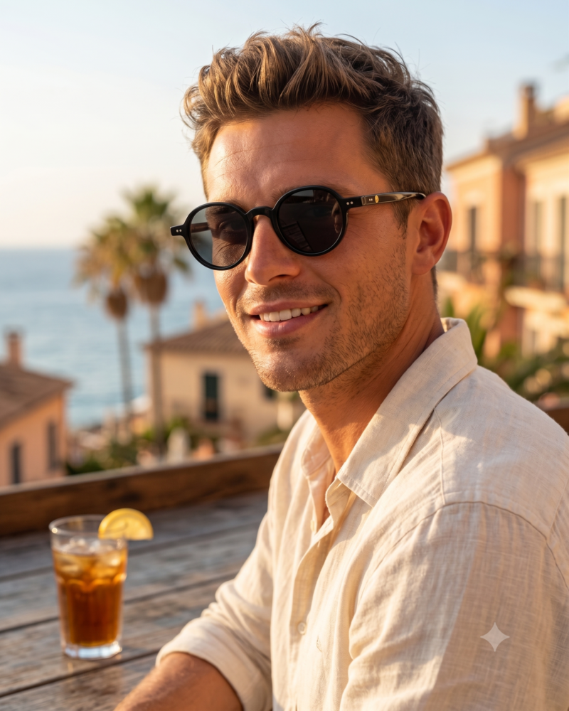 Jeune HOMME blonde élégante portant les lunettes de soleil rondes JOW and BRO DJ9143 noires à la terrasse d'un café en bord de mer.