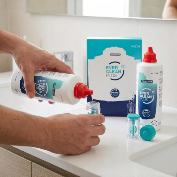Mains versant la solution au peroxyde Avizor Ever Clean Plus 350 ml dans l'étui à panier pour décontaminer les lentilles.