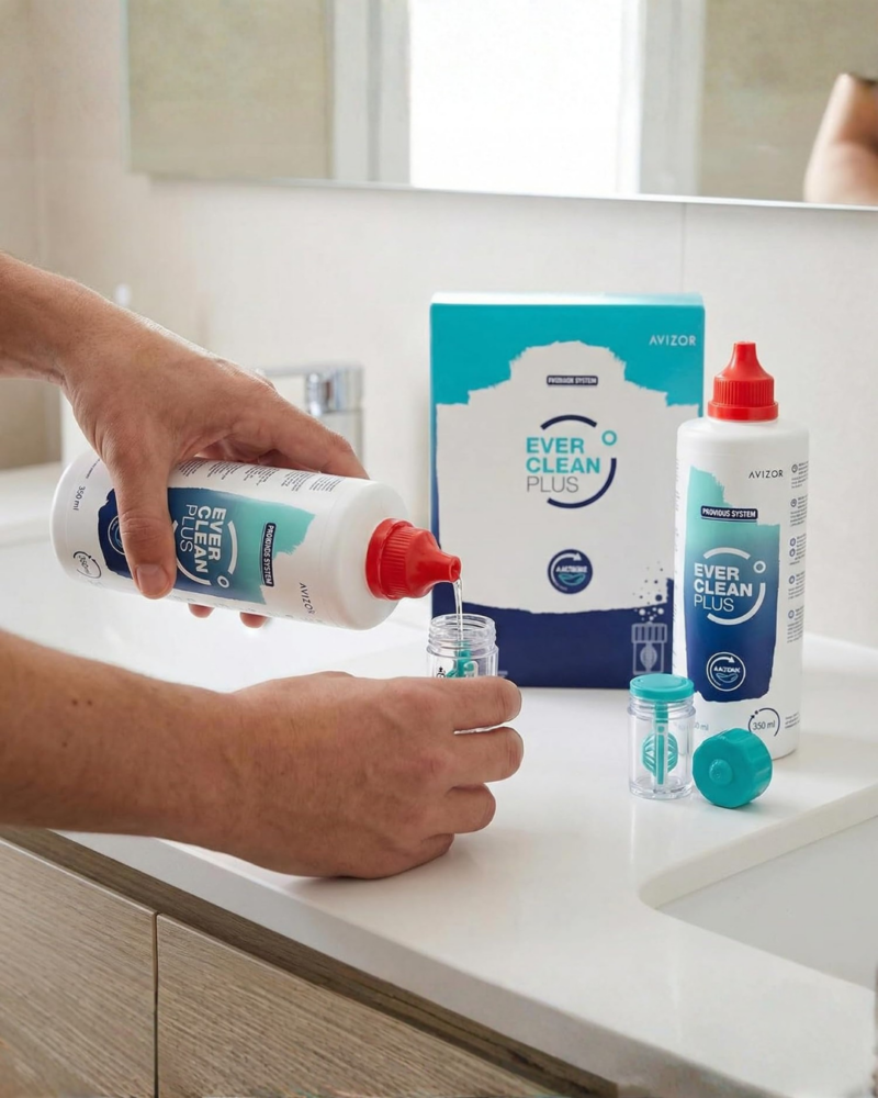 Mains versant la solution au peroxyde Avizor Ever Clean Plus 350 ml dans l'étui à panier pour décontaminer les lentilles.