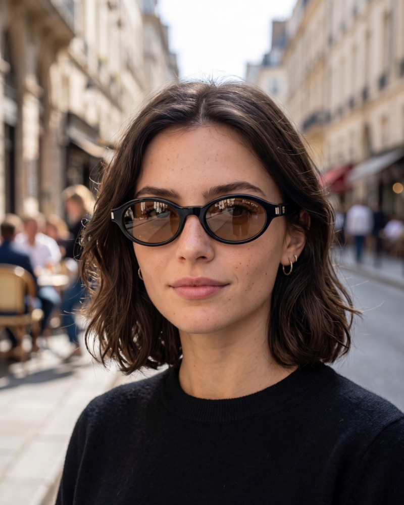 Mannequin femme portant les lunettes de soleil BLUE EYES AT1148 en acétate noir brillant et verres marron ambré avec logo BE doré