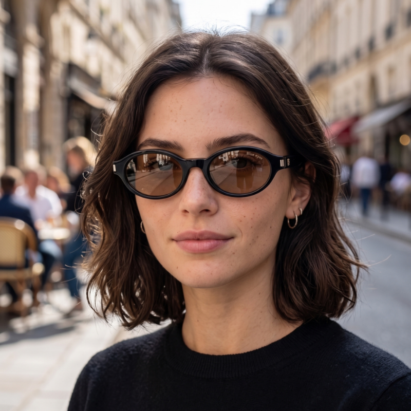 Mannequin femme portant les lunettes de soleil BLUE EYES AT1148 en acétate noir brillant et verres marron ambré avec logo BE doré