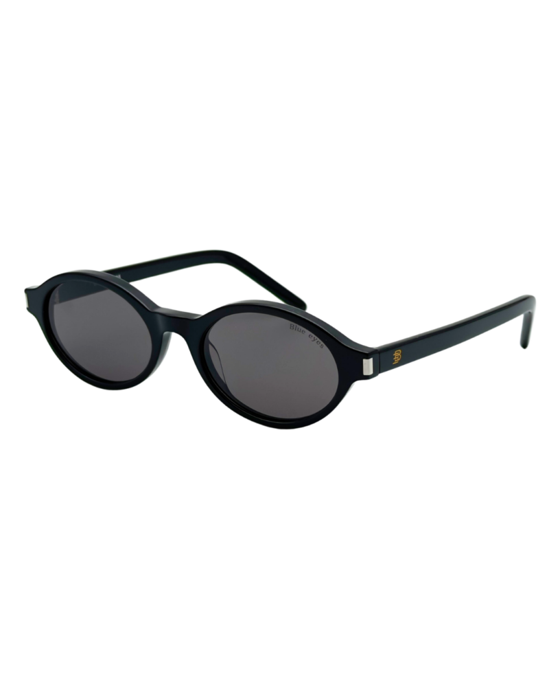 Lunettes de soleil BLUE EYES AT1148 en acétate noir brillant et verres gris fumé vue de trois-quarts avec logo BE doré sur tenon