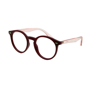 Lunettes de vue enfant PRESTIGIO forme pantos bordeaux avec branches rose poudré translucide vue trois quarts