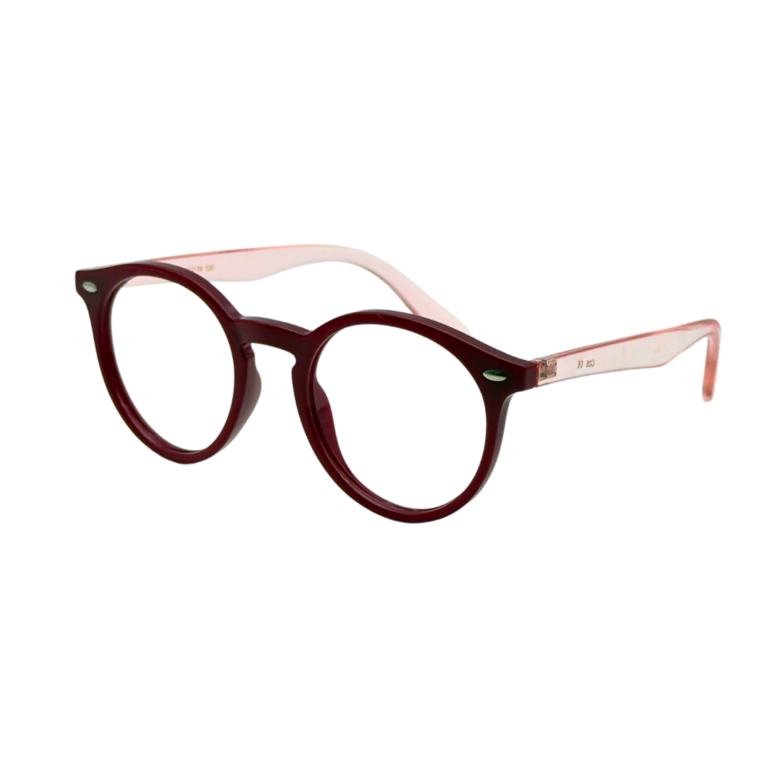 Lunettes de vue enfant PRESTIGIO forme pantos bordeaux avec branches rose poudré translucide vue trois quarts